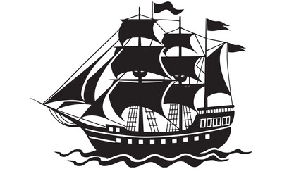 Vintage Sailing Ship Vector – Old Boat Silhouette, Pirate Vessel, Maritime Ocean Design
