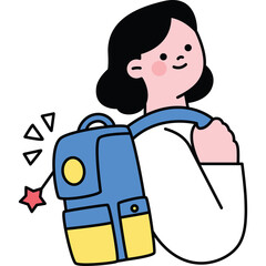 Illustration of a young girl with black hair and rosy cheeks carrying a blue and yellow backpack with a red star charm on a transparent background