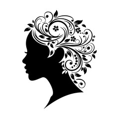 Silhouette of woman with floral hair design in black and white vector