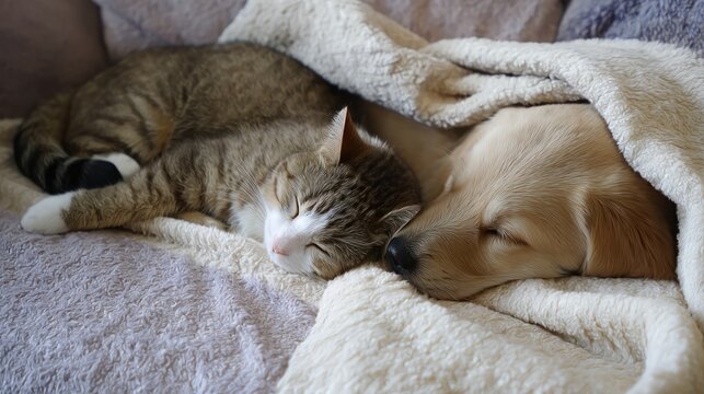 Adorable golden retriever puppy and tabby cat sleeping together under a soft blanket - Powered by Adobe