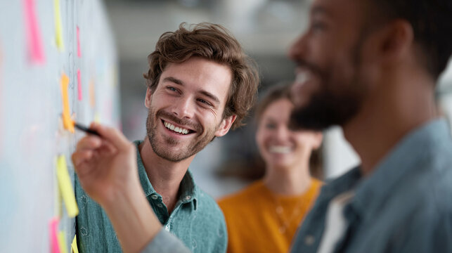 Collaborative brainstorming Diverse team working together, posting ideas on a whiteboard. Happy, creative, modern workplace concept. Teamwork, innovation, planning.