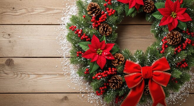 Festive Christmas wreath with red bow, red poinsettia flowers, pine cones, and berries on wooden background, symbolizing holiday decor, winter celebration, seasonal greeting card. Copy space for text