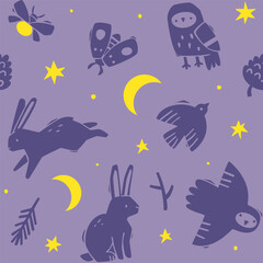 Scandinavian stump pattern with animals. Seamless vector night print.
