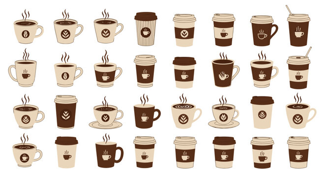 Seamless pattern of various stylized coffee cups and mugs with steam, in warm brown and beige tones, ideal for coffee-themed designs.