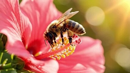 Bee on pink hibiscus flower