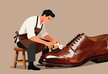 Illustration of a cobbler meticulously shining a large brown leather shoe with brush and cloth