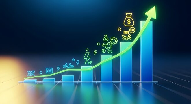 Business improvement concept. Ascending graph steps symbolize growth, optimization, success, planning, and strategy for overcoming corporate challenges and targets. generative ai