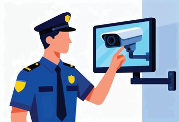 A police officer in uniform points at a CCTV camera on a monitor, symbolizing security
