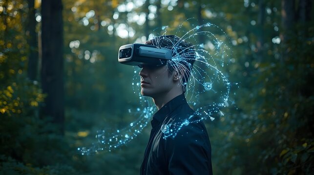 A man wearing a futuristic AR headset in a lush forest with glowing digital data streams.
