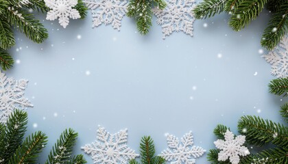 Winter wonderland scene with snowflakes and evergreen branches festive seasonal decoration soft blue background holiday spirit close-up view christmas concept