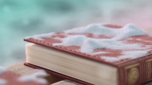 Sparkling white crystals settle on the crimson cover of an old book, lying on wood, capturing the serene moment of a winter snowfall in a soft, dreamy turquoise light.