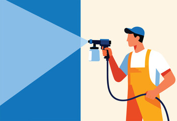 Vector illustration of a painter in coveralls spraying paint onto a wall. Geometric blue design on the left