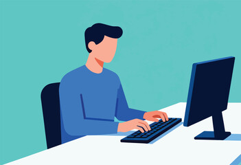 Illustration of a person typing on a keyboard, with a computer monitor. Blue hues dominate a simple graphic