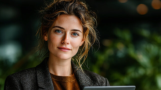 Close-up portrait of young woman holding a tablet with soft bokeh background