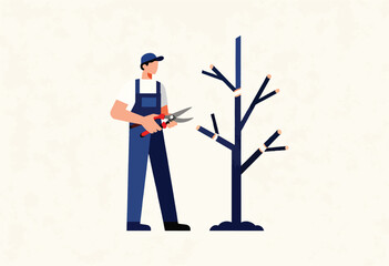 A person in work overalls and a hat prunes a bare tree with garden shears. Background is textured