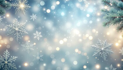 Enchanting winter wonderland scene with snowflakes and bokeh lights outdoors digital artwork frosty atmosphere wide angle view seasonal serenity for holiday inspiration