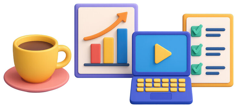 3D Rendered Business Icons Coffee Laptop Chart Checklist and Video Play Button graphic design isolated on a transparent background