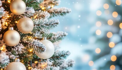 Christmas tree decorations with snowy background indoor holiday scene festive atmosphere warm lighting close-up view seasonal content