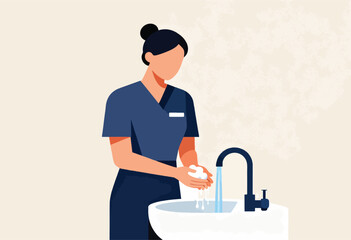 Illustration depicts a person washing hands with soap and water at a sink. The person is wearing dark blue clothing
