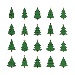 Various festive green christmas tree illustrations set for seasonal design