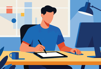 A faceless figure working at a desk with a tablet and computer, minimalist illustration