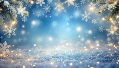 Snowy winter wonderland scene with sparkling snowflakes and glowing lights outdoor landscape serene atmosphere magical concept for holiday decoration inspiration