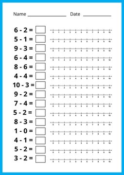 Math worksheet for kids, number line subtraction. preschool and school education