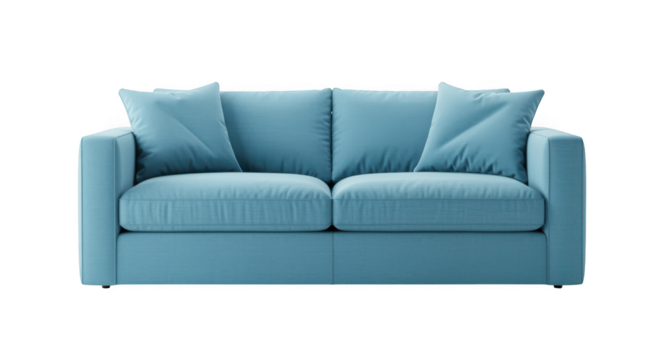 Modern light blue sofa with pillows isolated on transparent background