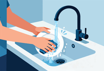 A person washes a white plate with a blue sponge under running water from a modern black faucet