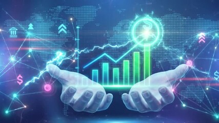 Global financial growth and investment concept with hands holding a glowing bar chart, upward trend line, dollar sign, and digital network over a world map - Powered by Adobe