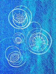 Abstract Blue Background with White Circular Swirls and Geometric Shapes