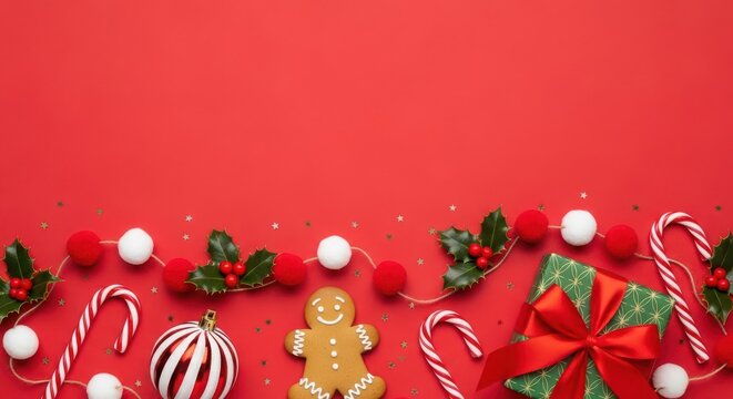 Festive christmas flat lay with candy canes, gingerbread man, gift box, and holiday ornaments on a red background - Powered by Adobe