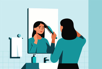 Illustration depicts a woman brushing her hair in a bathroom. She looks in the mirror as she brushes
