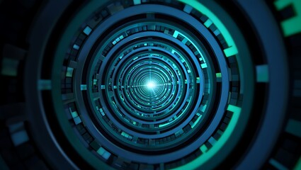Abstract Circular Tunnel with Technological Elements and Central Glowing Light