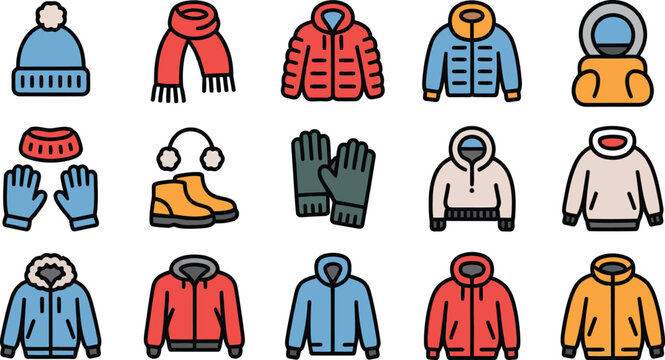 Collection of winter clothing icons featuring hats scarves gloves boots and various styles of jackets representing warmth and protection from cold weather