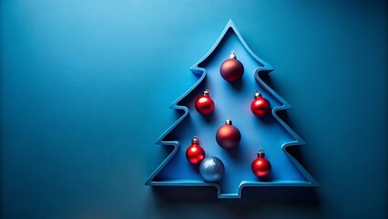 Minimalist christmas tree silhouette with red ornaments on blue background