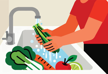Illustration shows a person washing vegetables in a sink. Carrots, apple, lime, and greens are present