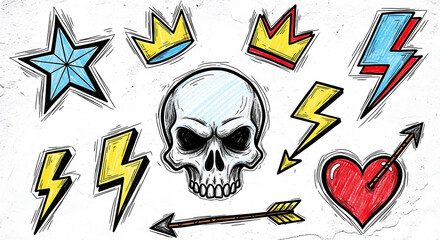 Collection of hand drawn rock and roll inspired icons including skull lightning bolts crowns stars and heart