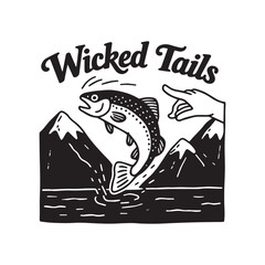  Hand Tossing Jumping Fish Over Mountain Landscape for Wicked Tails Adventure Logo. 