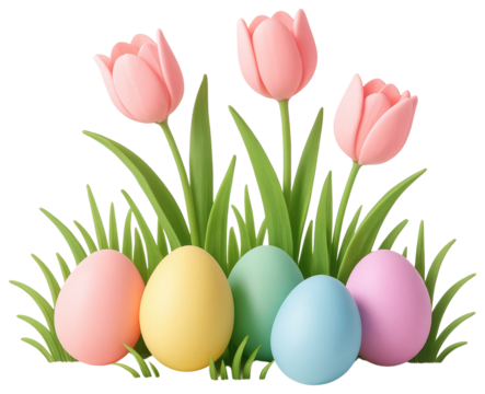 Assortment of pastel Easter eggs with pink tulips and green grass on a white background colors isolated on a transparent background