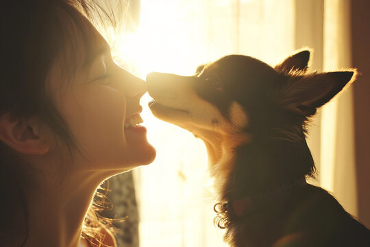 Joyful child hugging golden retriever puppy in warm sunlight showing happy pet moment, generative ai - Powered by Adobe