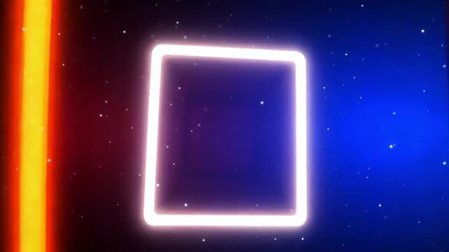 A looping 3D animation featuring an abstract red and blue neon frame background.