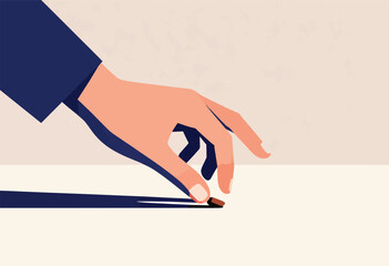 Illustration depicts a hand reaching toward a small object on a surface, casted by shadow