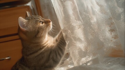 Tabby cat curiously exploring lace curtains in a sunlit room with soft lighting