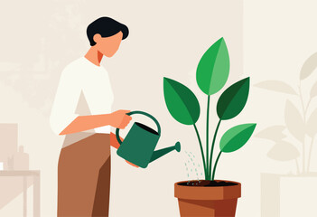 An illustration depicting a person watering a houseplant, with green leaves, a brown pot and a green watering can