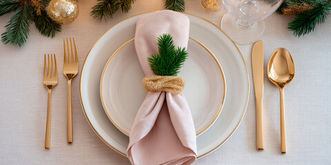 Elegant Christmas table setting with gold cutlery, white plates, pink napkin and pine branch decoration on a festive tablecloth with evergreen decor