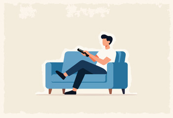 Illustration of a person sitting on a blue couch, holding a remote. Paper textured background