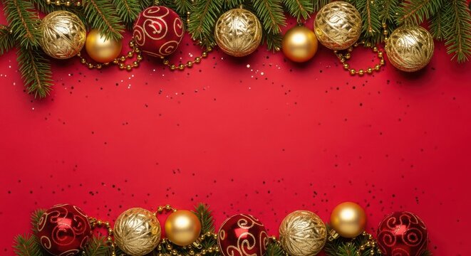 Festive christmas and new year holiday background with sparkling red and gold ornaments, fir branches, and copy space