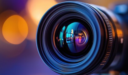 Close-up of camera lens with bokeh effect showcasing sharpness and focus of high-end video production equipment.