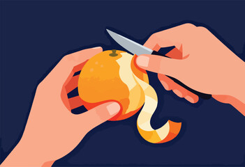A person uses a knife to peel a vibrant orange. The peel curls away, revealing the fruit against a dark blue background
